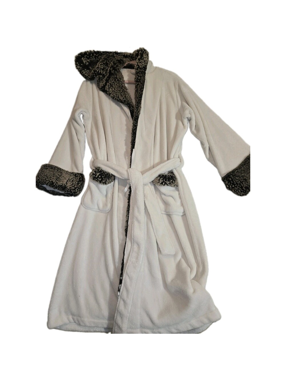 pottery barn Dressing Gown/Bathrobe Hooded Plush White With Faux Fur Trim 44...